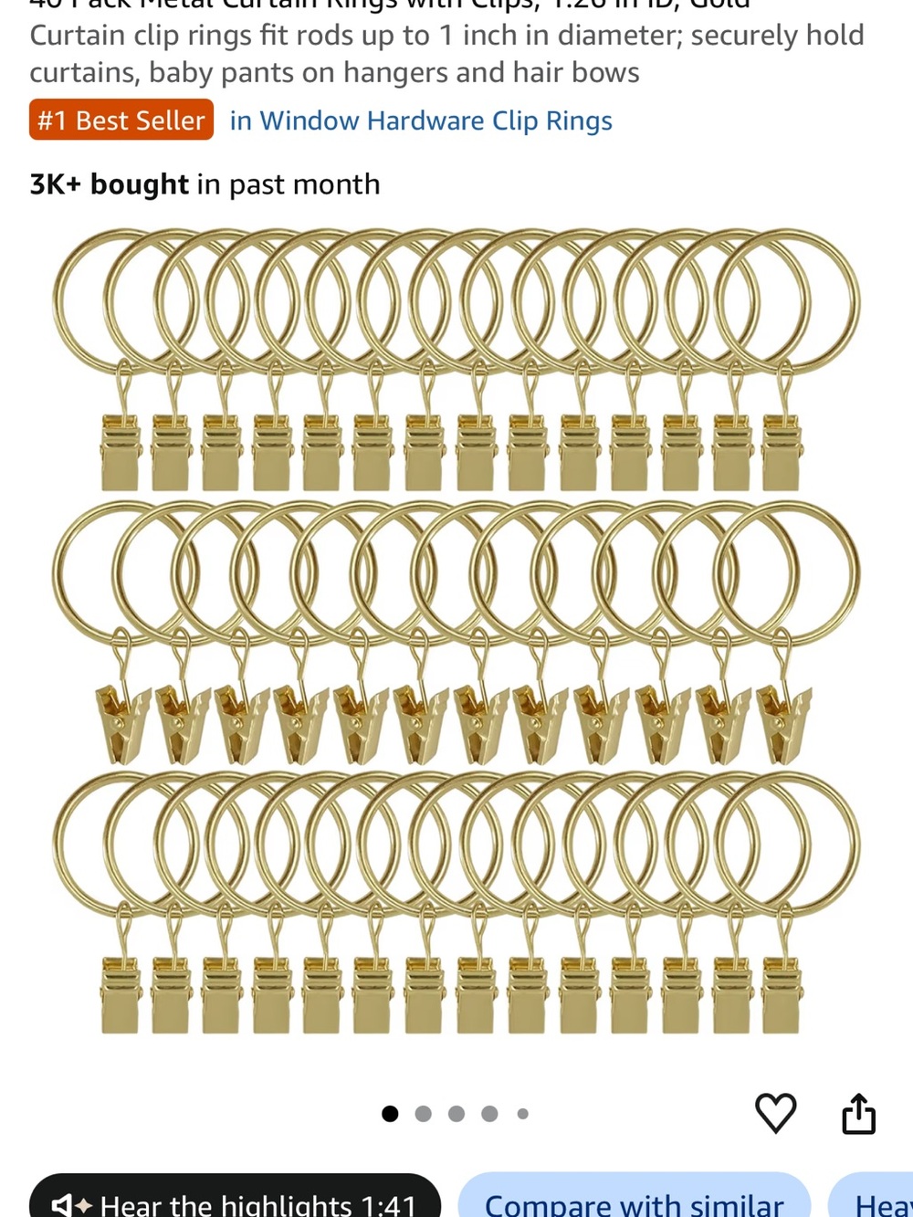 Amazon Essentials Gold Curtain Clip Rings with Clips - 40 Pack